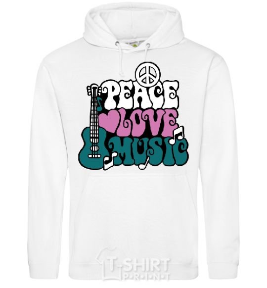 Men`s hoodie Peace love music multicolour White фото