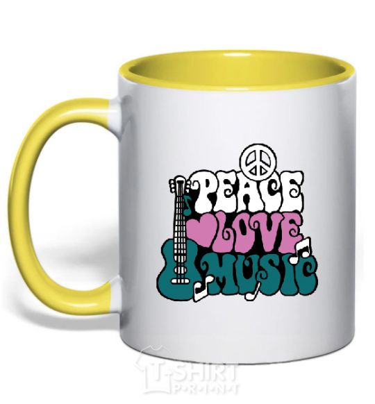 Mug with a colored handle Peace love music multicolour yellow фото