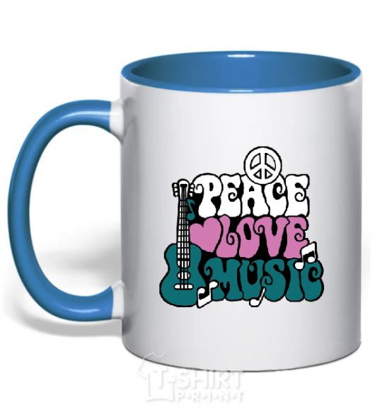 Mug with a colored handle Peace love music multicolour royal-blue фото