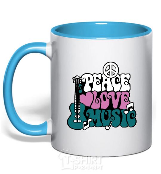 Mug with a colored handle Peace love music multicolour sky-blue фото