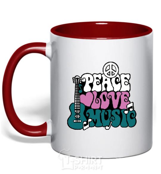 Mug with a colored handle Peace love music multicolour red фото