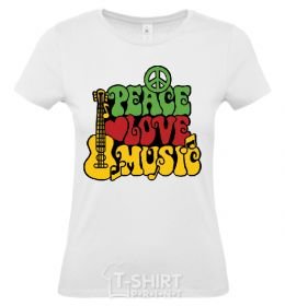 Women's T-shirt Peace love music multicolour White фото