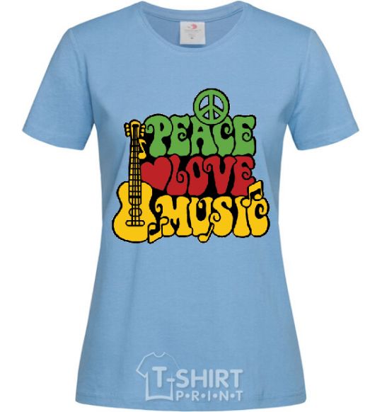 Women's T-shirt Peace love music multicolour sky-blue фото