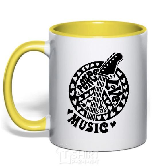 Mug with a colored handle Peace love music guitar yellow фото