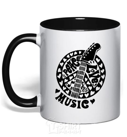 Mug with a colored handle Peace love music guitar black фото