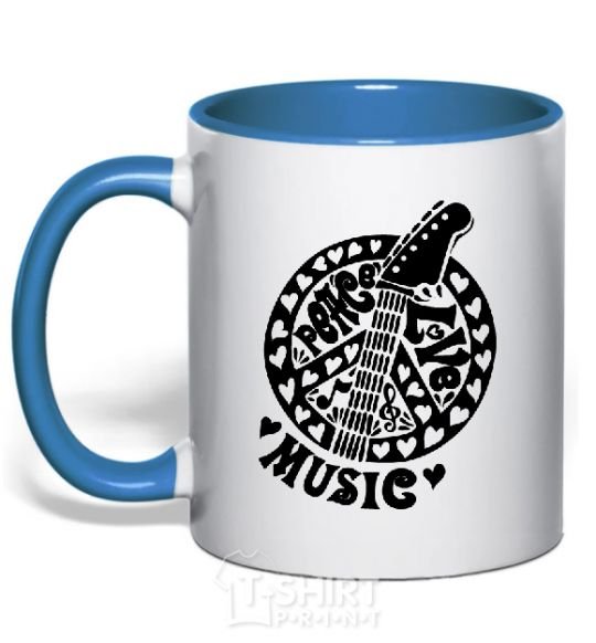 Mug with a colored handle Peace love music guitar royal-blue фото