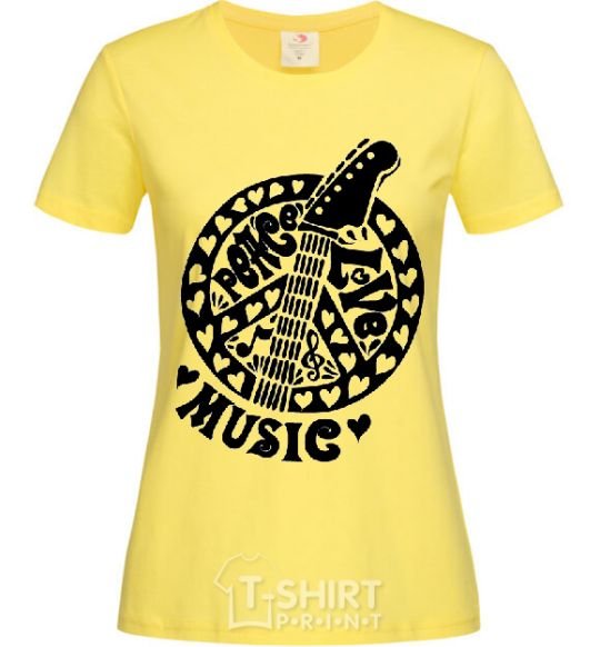 Женская футболка Peace love music guitar Лимонный фото