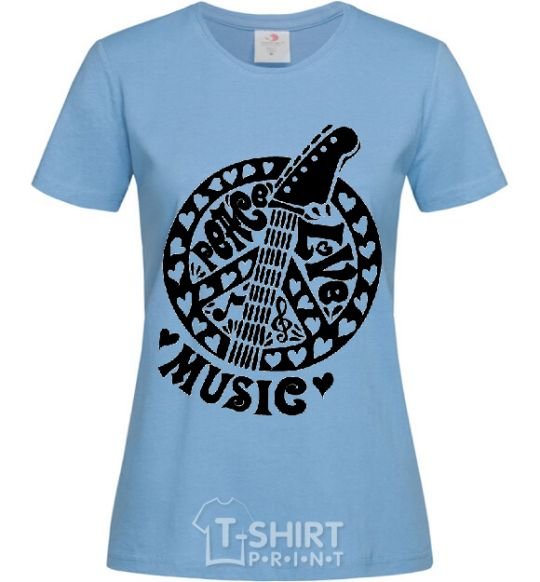 Women's T-shirt Peace love music guitar sky-blue фото