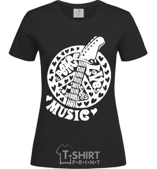 Women's T-shirt Peace love music guitar black фото