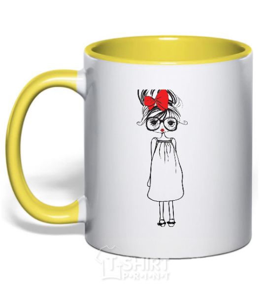 Mug with a colored handle RED BOW GIRL yellow фото