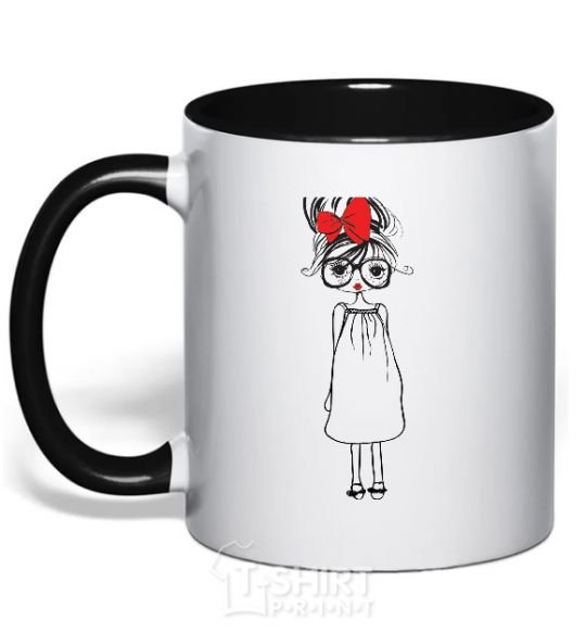 Mug with a colored handle RED BOW GIRL black фото