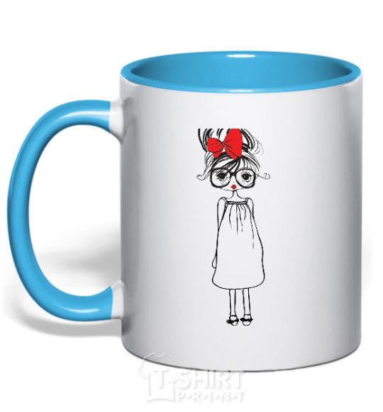 Mug with a colored handle RED BOW GIRL sky-blue фото