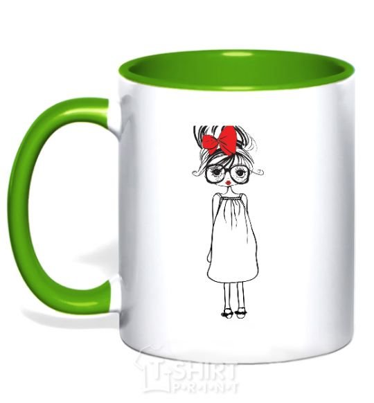 Mug with a colored handle RED BOW GIRL kelly-green фото