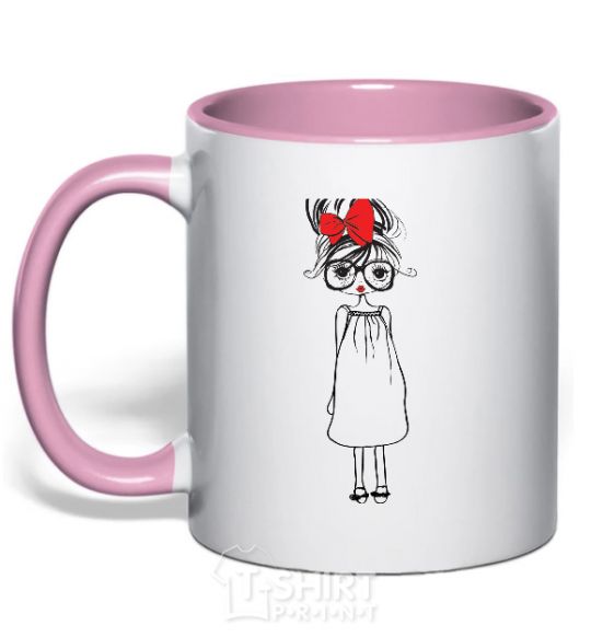 Mug with a colored handle RED BOW GIRL light-pink фото