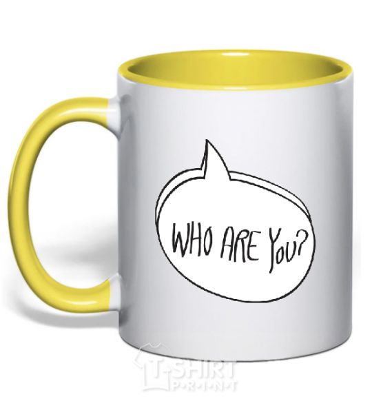 Mug with a colored handle WHO ARE YOU yellow фото