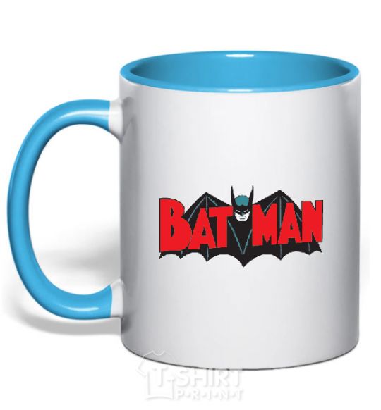 Mug with a colored handle BATMAN bat lettering sky-blue фото