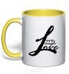 Mug with a colored handle LIVE LOVE LAUGH yellow фото