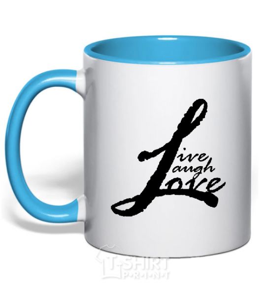 Mug with a colored handle LIVE LOVE LAUGH sky-blue фото
