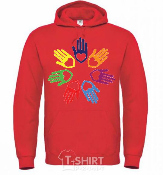 Men`s hoodie COLORFUL HANDS bright-red фото