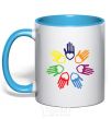 Mug with a colored handle COLORFUL HANDS sky-blue фото