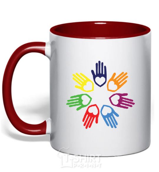 Mug with a colored handle COLORFUL HANDS red фото