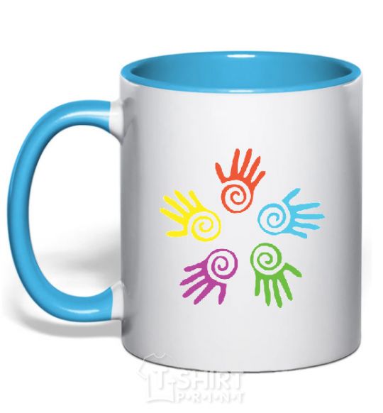 Mug with a colored handle COLOURS OF HANDS sky-blue фото