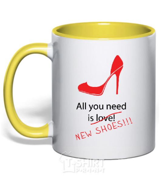 Mug with a colored handle ALL YOU NEED IS NEW SHOES yellow фото