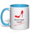 Mug with a colored handle ALL YOU NEED IS NEW SHOES sky-blue фото