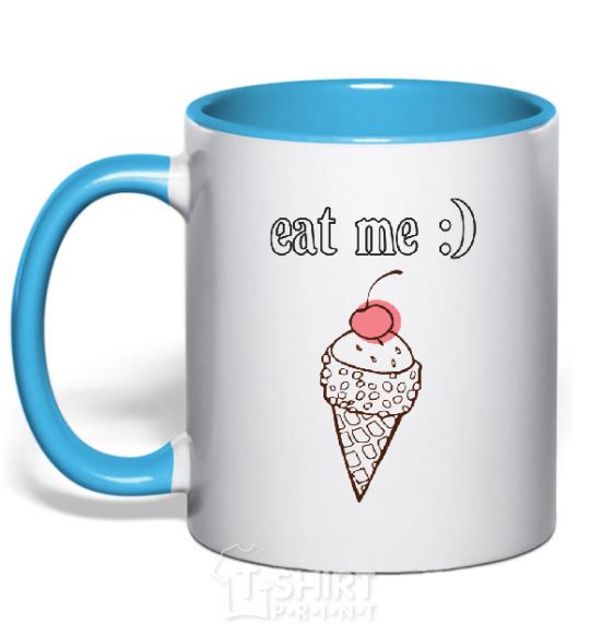 Mug with a colored handle EAT ME sky-blue фото