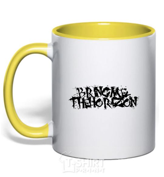 Mug with a colored handle BRING ME THE HORIZON inscription yellow фото