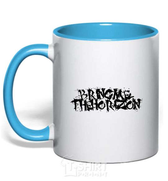 Mug with a colored handle BRING ME THE HORIZON inscription sky-blue фото