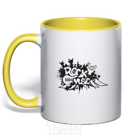 Mug with a colored handle ROCK Music sign yellow фото