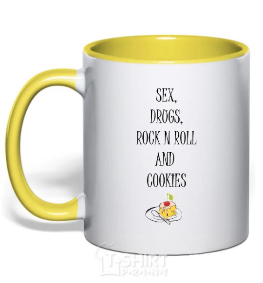 Mug with a colored handle SEX DRUGS ROCK N ROLL AND COKIES yellow фото