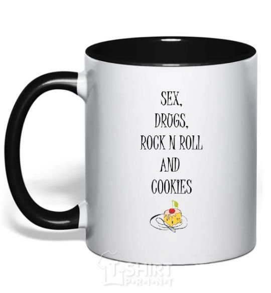 Mug with a colored handle SEX DRUGS ROCK N ROLL AND COKIES black фото