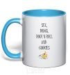 Mug with a colored handle SEX DRUGS ROCK N ROLL AND COKIES sky-blue фото