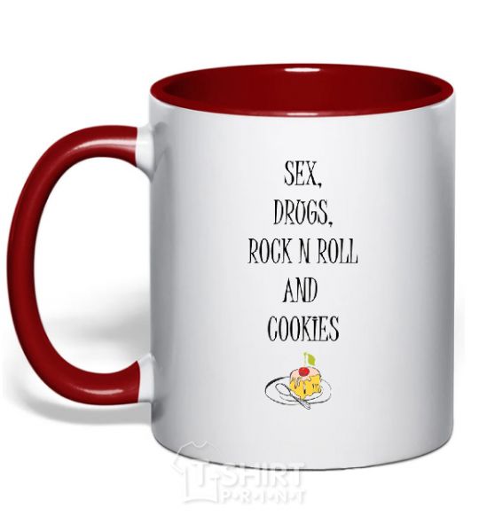 Mug with a colored handle SEX DRUGS ROCK N ROLL AND COKIES red фото