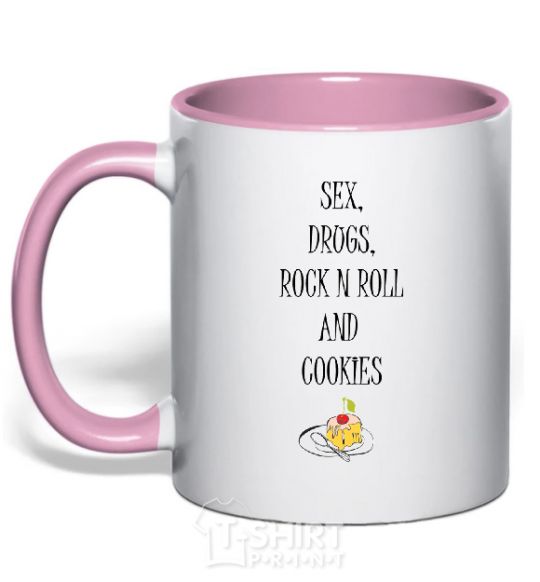 Mug with a colored handle SEX DRUGS ROCK N ROLL AND COKIES light-pink фото