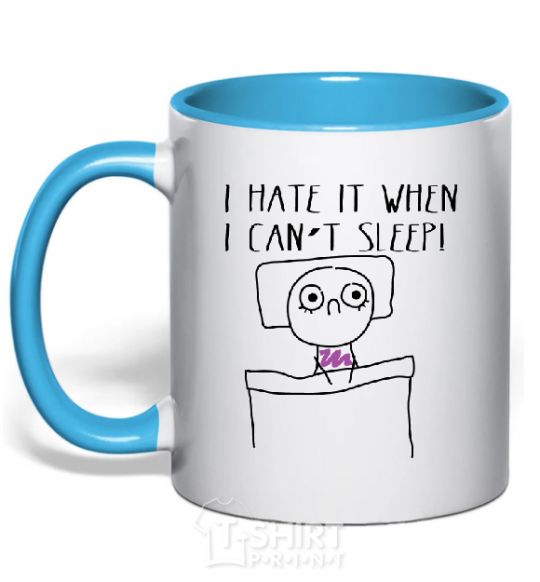 Mug with a colored handle I CAN'T SLEEP sky-blue фото