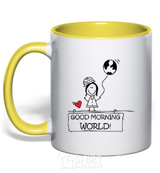 Mug with a colored handle GOOD MORNING, WORLD! Happy Girl yellow фото