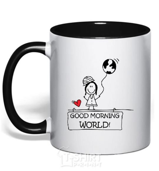 Mug with a colored handle GOOD MORNING, WORLD! Happy Girl black фото