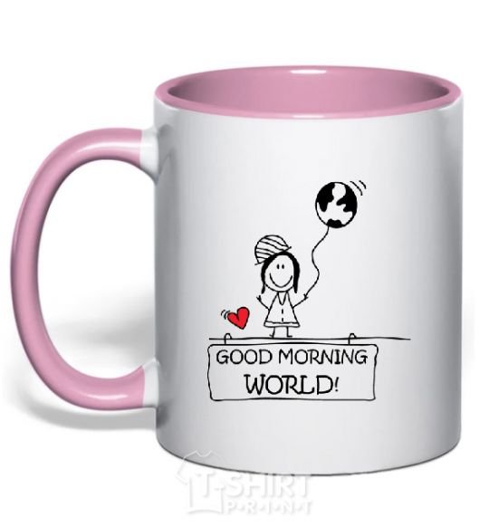 Mug with a colored handle GOOD MORNING, WORLD! Happy Girl light-pink фото