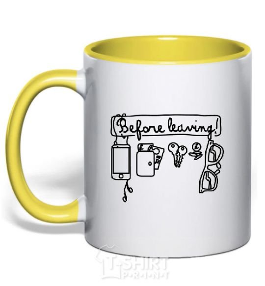 Mug with a colored handle BEFORE LEAVING yellow фото