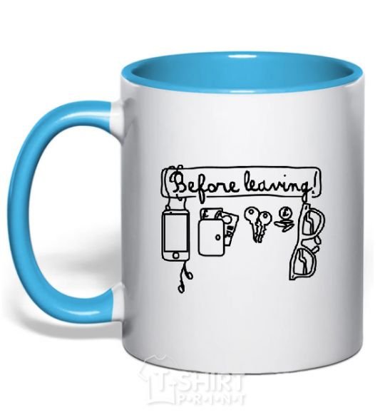 Mug with a colored handle BEFORE LEAVING sky-blue фото