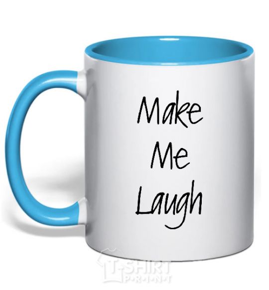 Mug with a colored handle MAKE ME LAUGH sky-blue фото