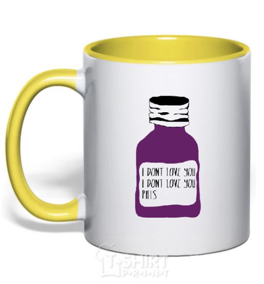 Mug with a colored handle I DON'T LOVE YОU PILLS yellow фото