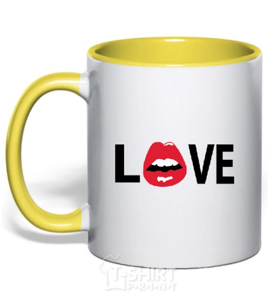 Mug with a colored handle LOVE LIPS yellow фото