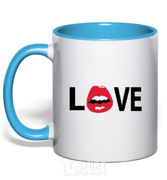 Mug with a colored handle LOVE LIPS sky-blue фото