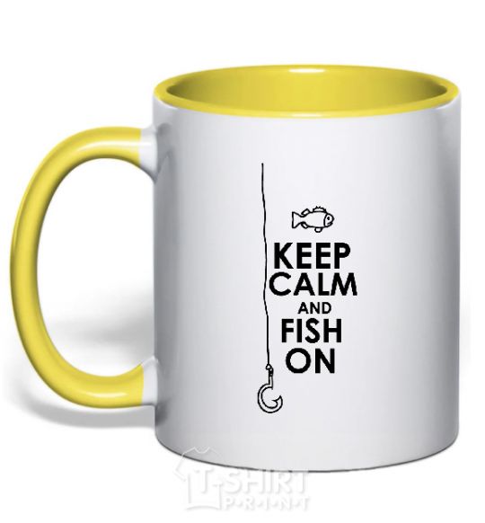 Mug with a colored handle Keep calm and fish on yellow фото