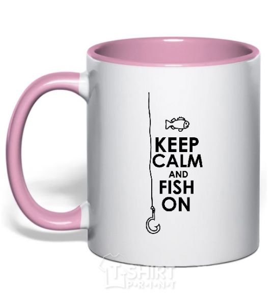 Mug with a colored handle Keep calm and fish on light-pink фото