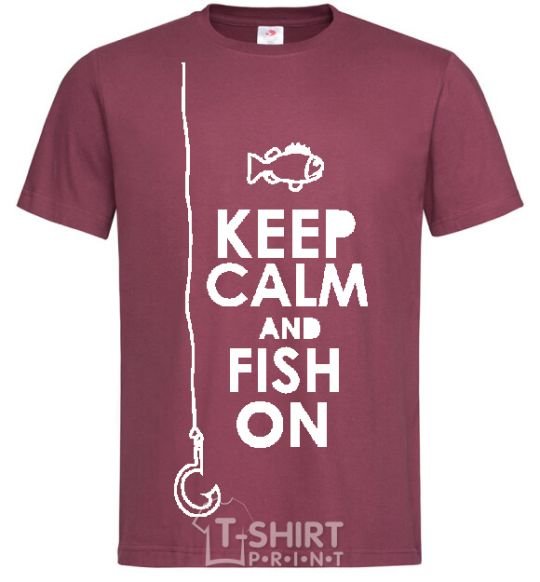 Men's T-Shirt Keep calm and fish on burgundy фото